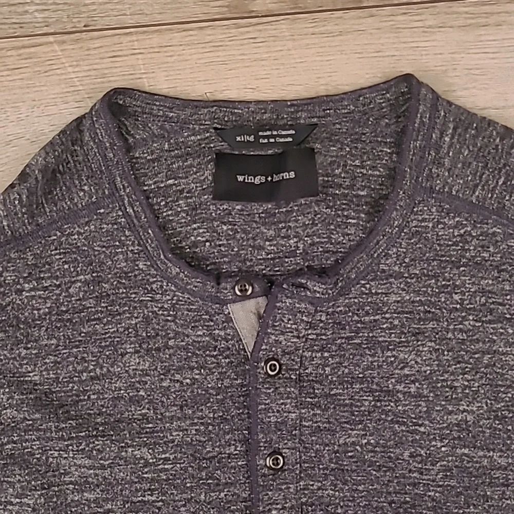 WINGS + HORNS Canada Dark Grey Henley Cotton Sz XL Half Button Long Sleeve Shirt